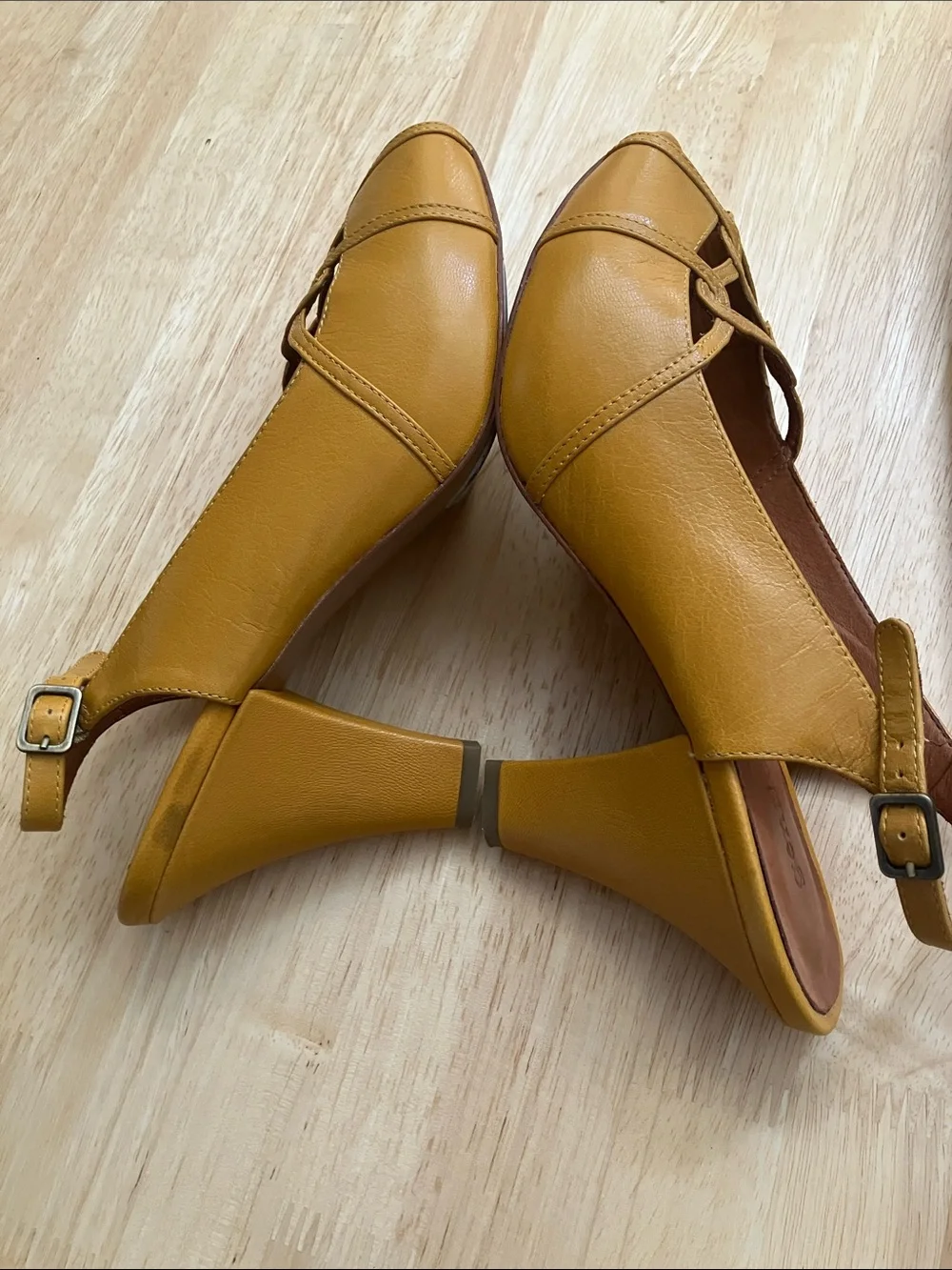 gentle souls Mustard Yellow Leather Slingback Peep-Toe Heels